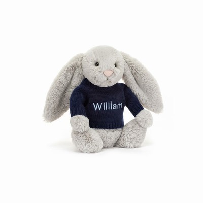 Jellycat Bashful Silver Bunny with Navy Jumper New Zealand | RQFKU4527